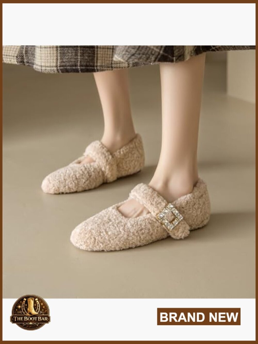 Shearling Ballet Flats Rabbit Fur Lined Crystal Buckle Mary Jane Shoes - Picture 3 of 7